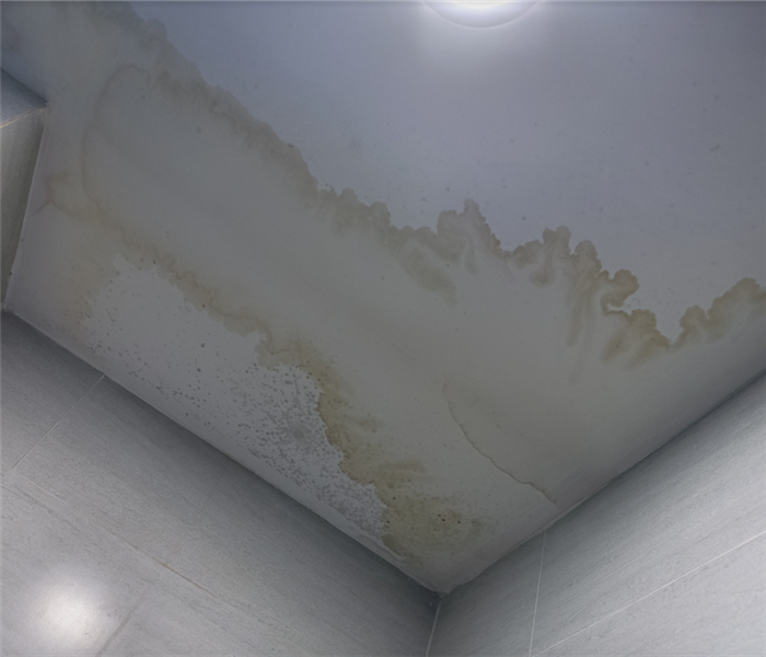 water damaged ceiling with watermarks on the drywall